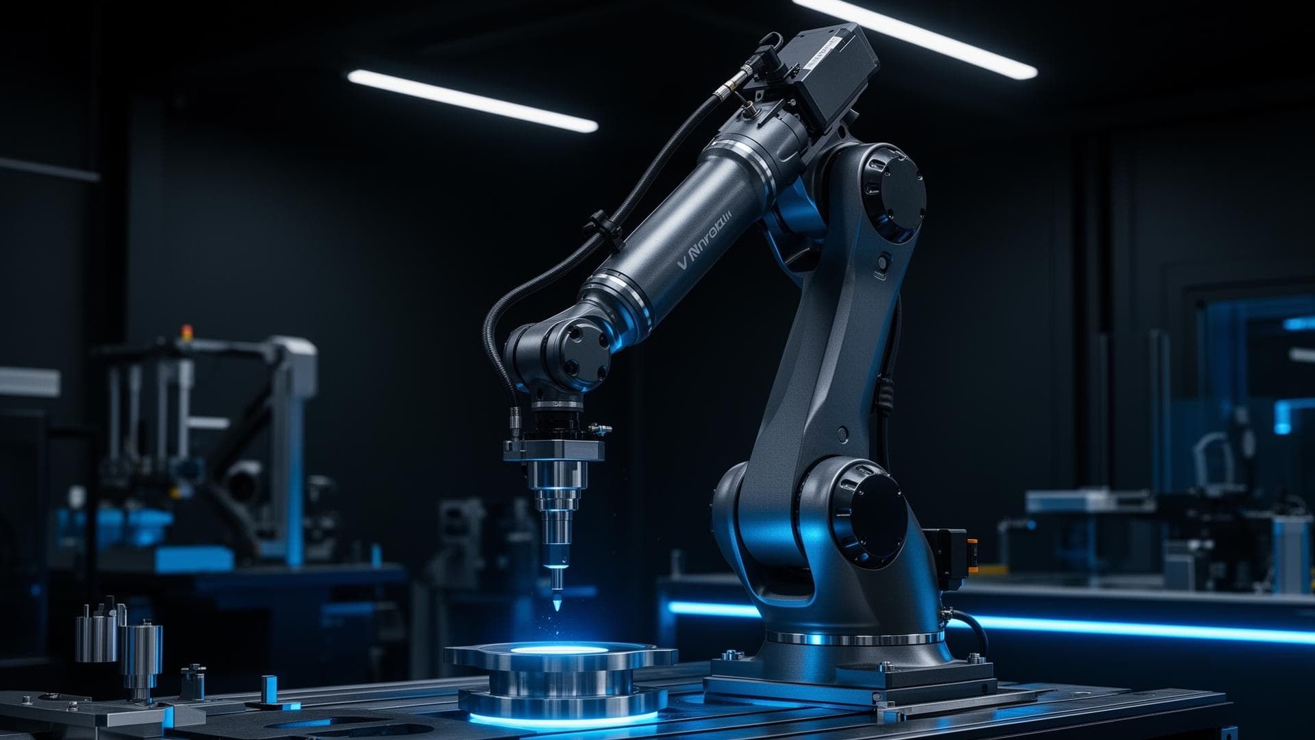 Industrial robot arm in smart factory performing precision assembly